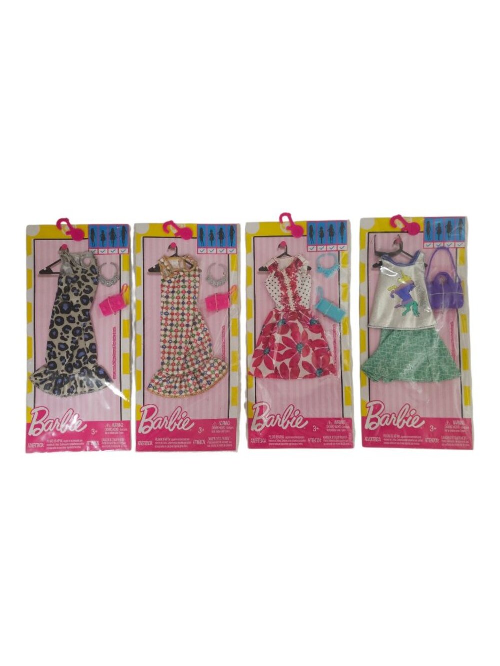 Barbie 4 Fashion Packs Leopard Floral Geometric Unicorn Outfits Accessories NEW